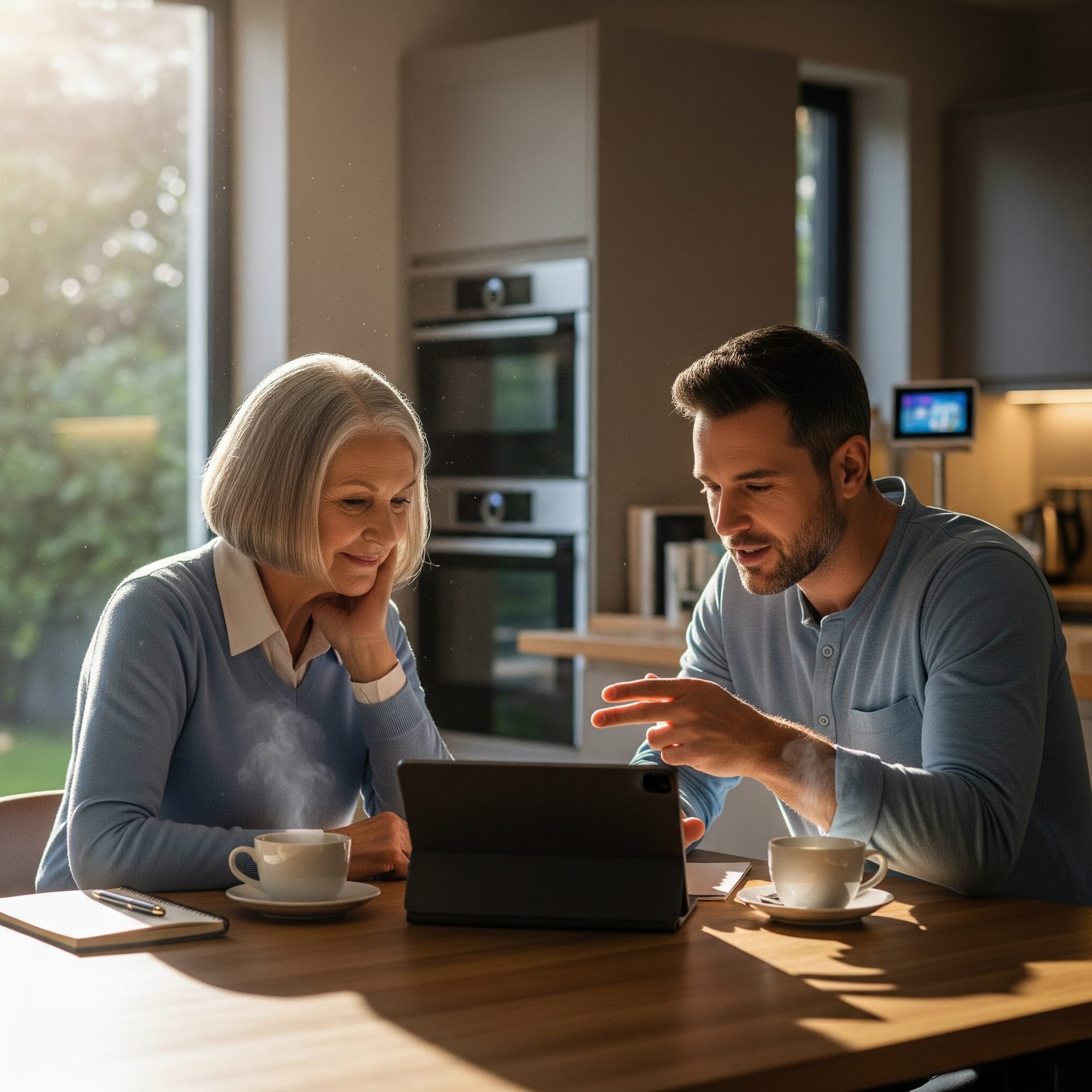 Older adult and adult child using a tablet together at a kitchen table, planning a life decision with support and technology