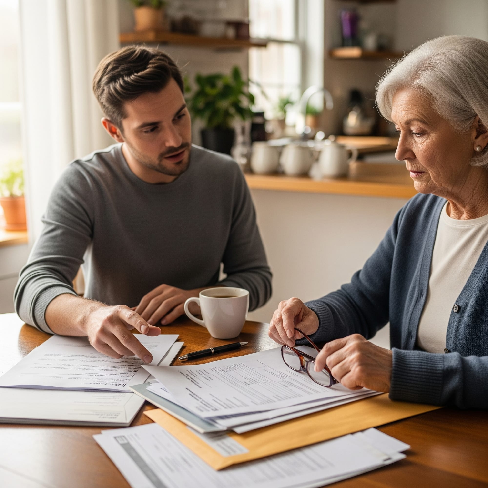 Adult son and aging mother reviewing important documents together at a kitchen table, having a calm and focused conversation about life decisions